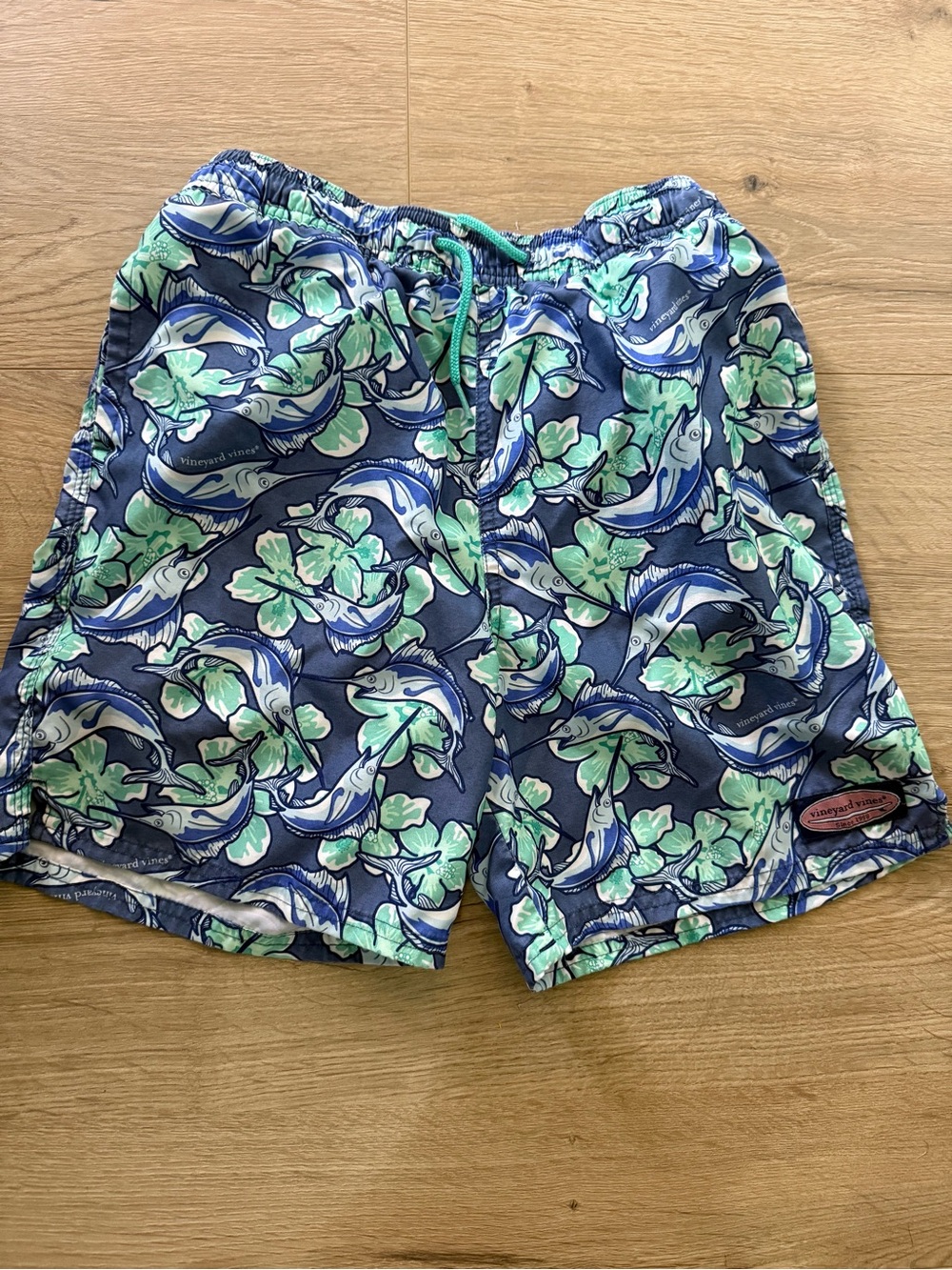 Vineyard Vines Navy Swim Trunks with Green & Light Blue Marlin Print Youth M